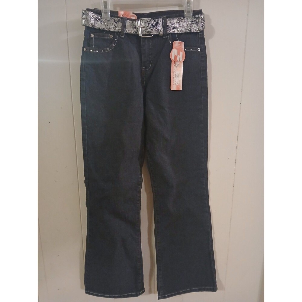 2B Real Girls 14/16 Stretch Blue Jeans Pants Studded Belt Bootcut  Y2K